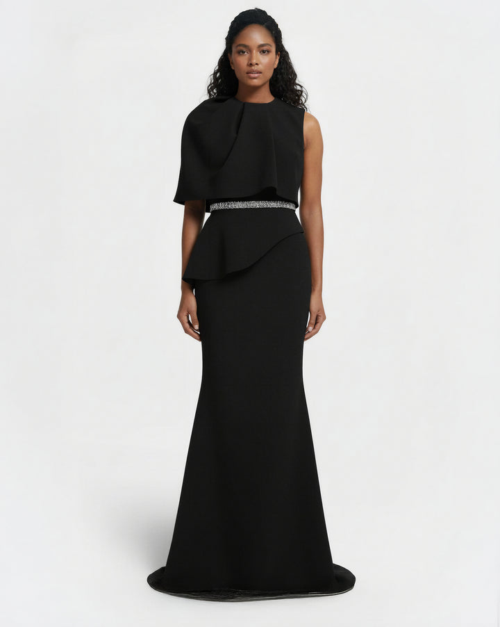 sleeveless trumpet gown with draped overlay and crystal waist – LUXE-1