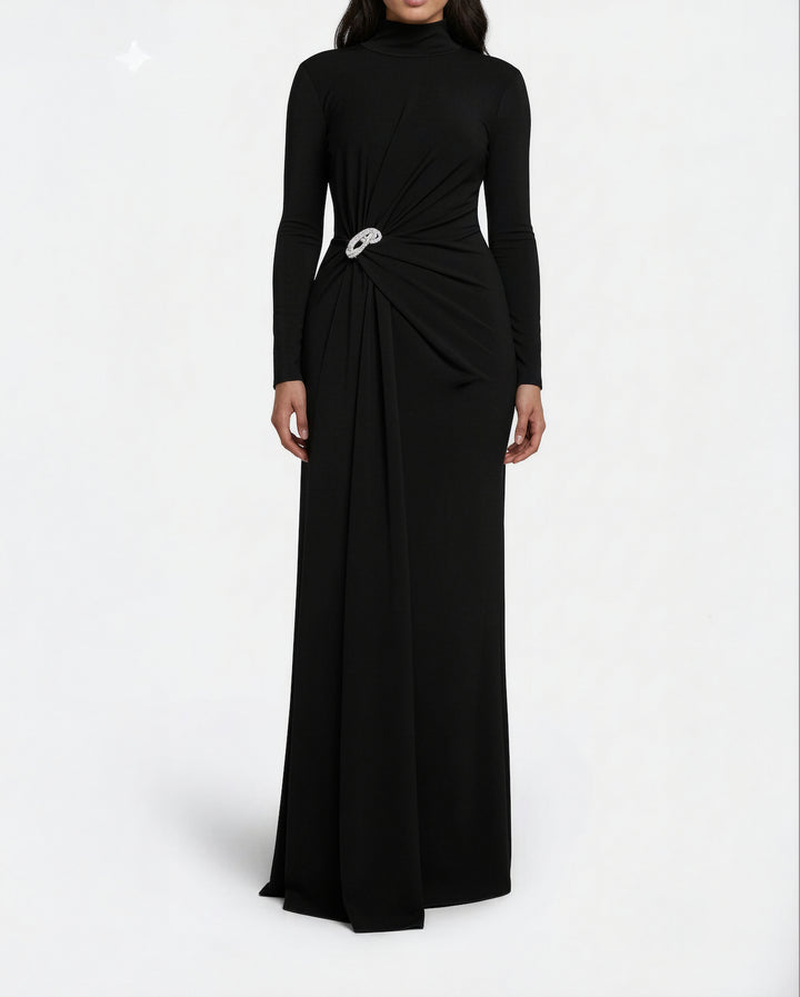 high-neck draped gown with crystal brooch – SERENA-1