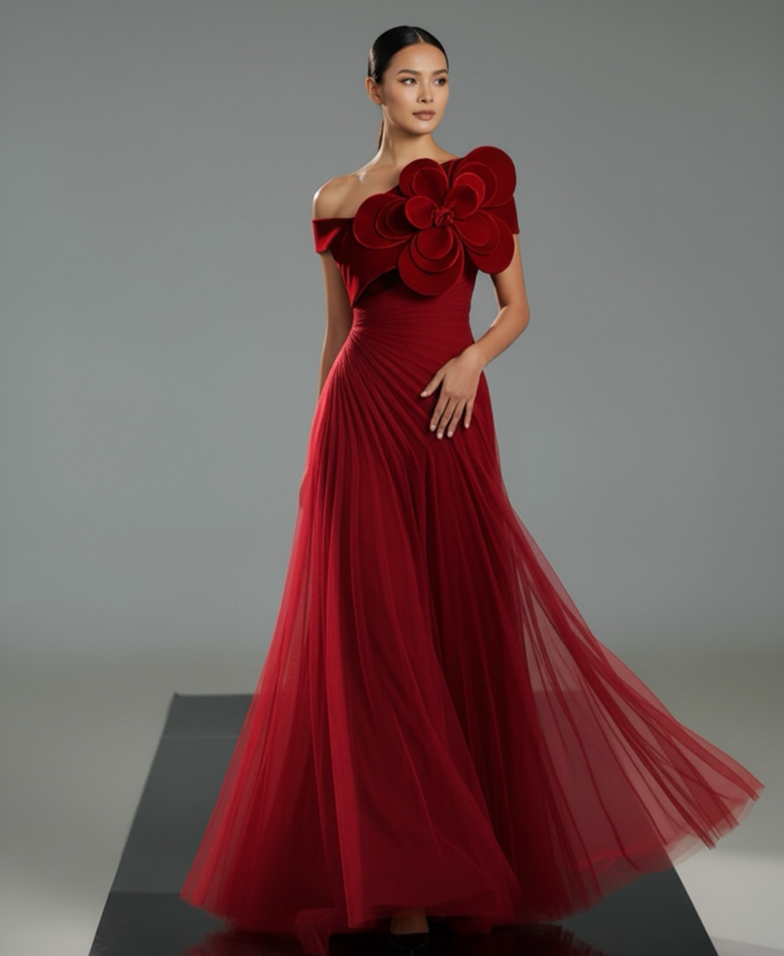 Off-shoulder pleated gown with oversized floral detail – SCARFAH