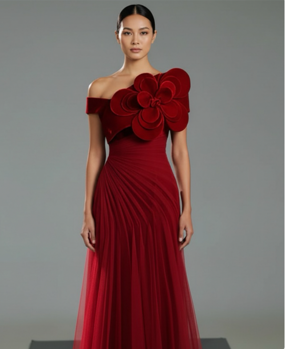 Off-shoulder pleated gown with oversized floral detail – SCARFAH