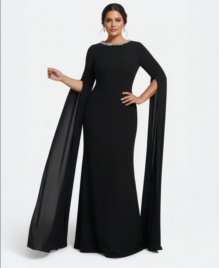 cape-sleeve column gown with crystal neckline – MINTA-1