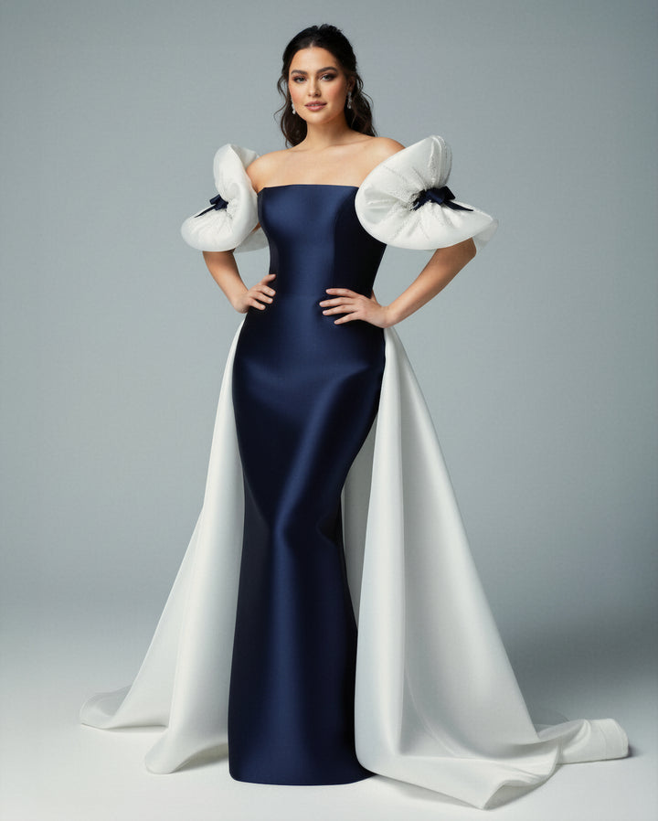 Strapless satin gown with voluminous sleeves and overskirt – AUROMA-1