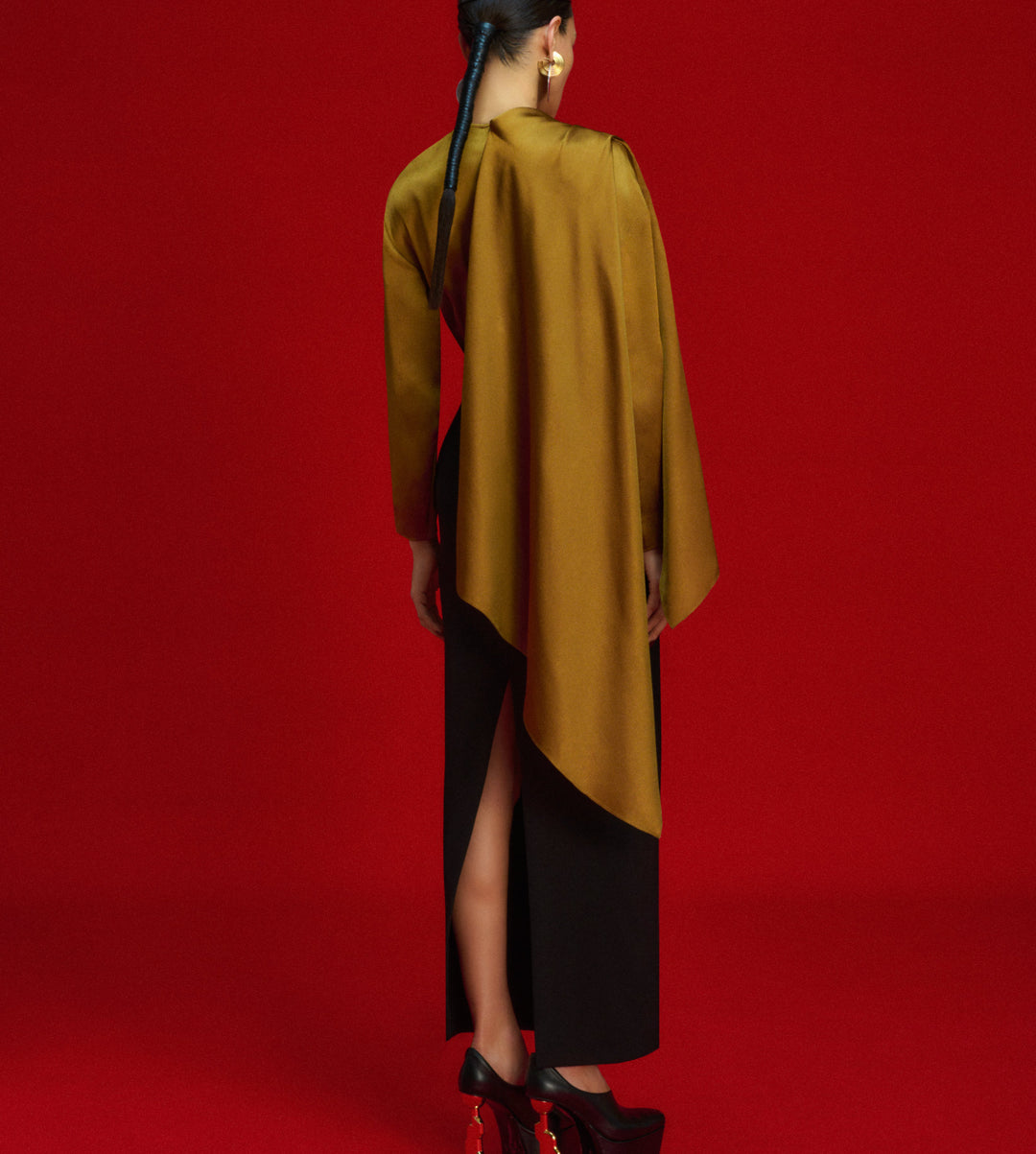 draped satin cape gown with fitted column skirt – RIVER