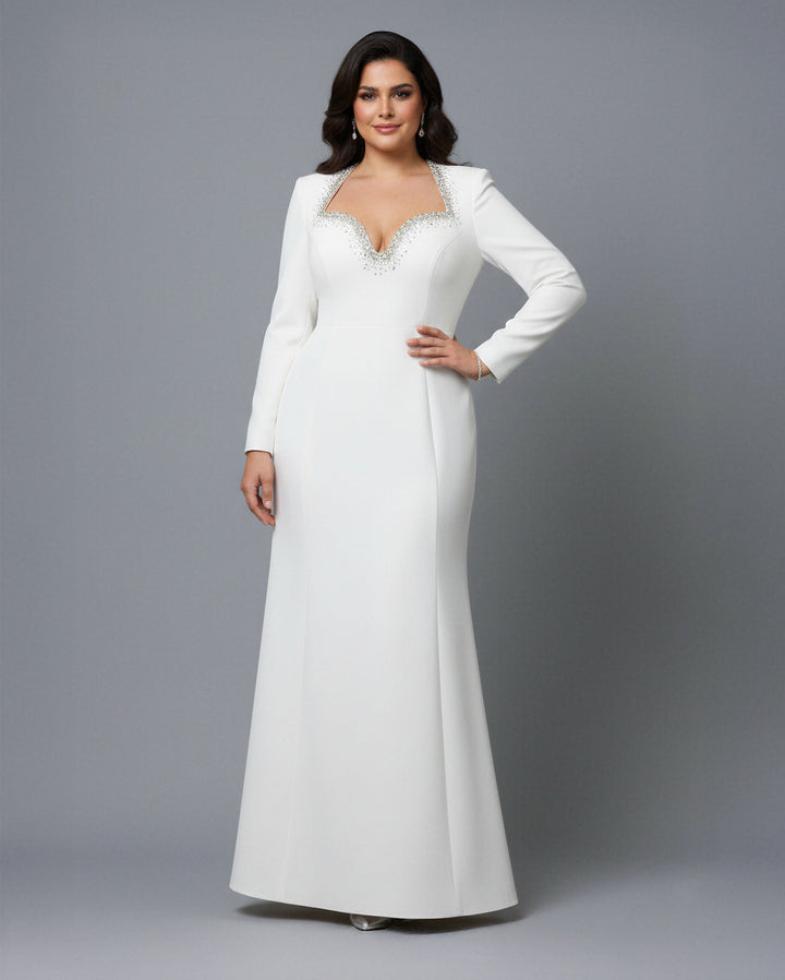 Long Sleeve Embellished Neckline Dress - Ivory-1