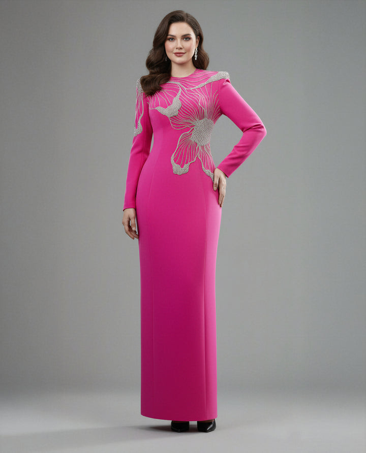 Long-Sleeve Gown with Embellished Floral Design - FUCHSIA-1