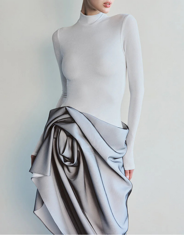 architectural draped skirt with fitted turtleneck top – SILVERE