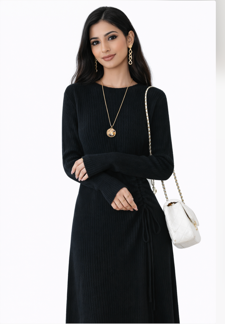 ribbed knit midi dress with adjustable side tie – CHARCOA