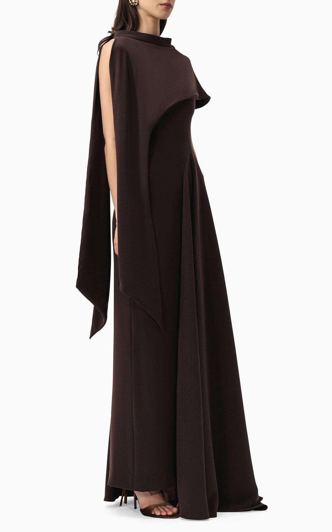 asymmetric draped gown with sculpted shoulder cape – NOIR