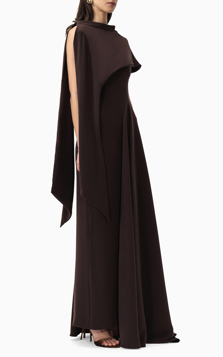 asymmetric draped gown with sculpted shoulder cape – NOIR