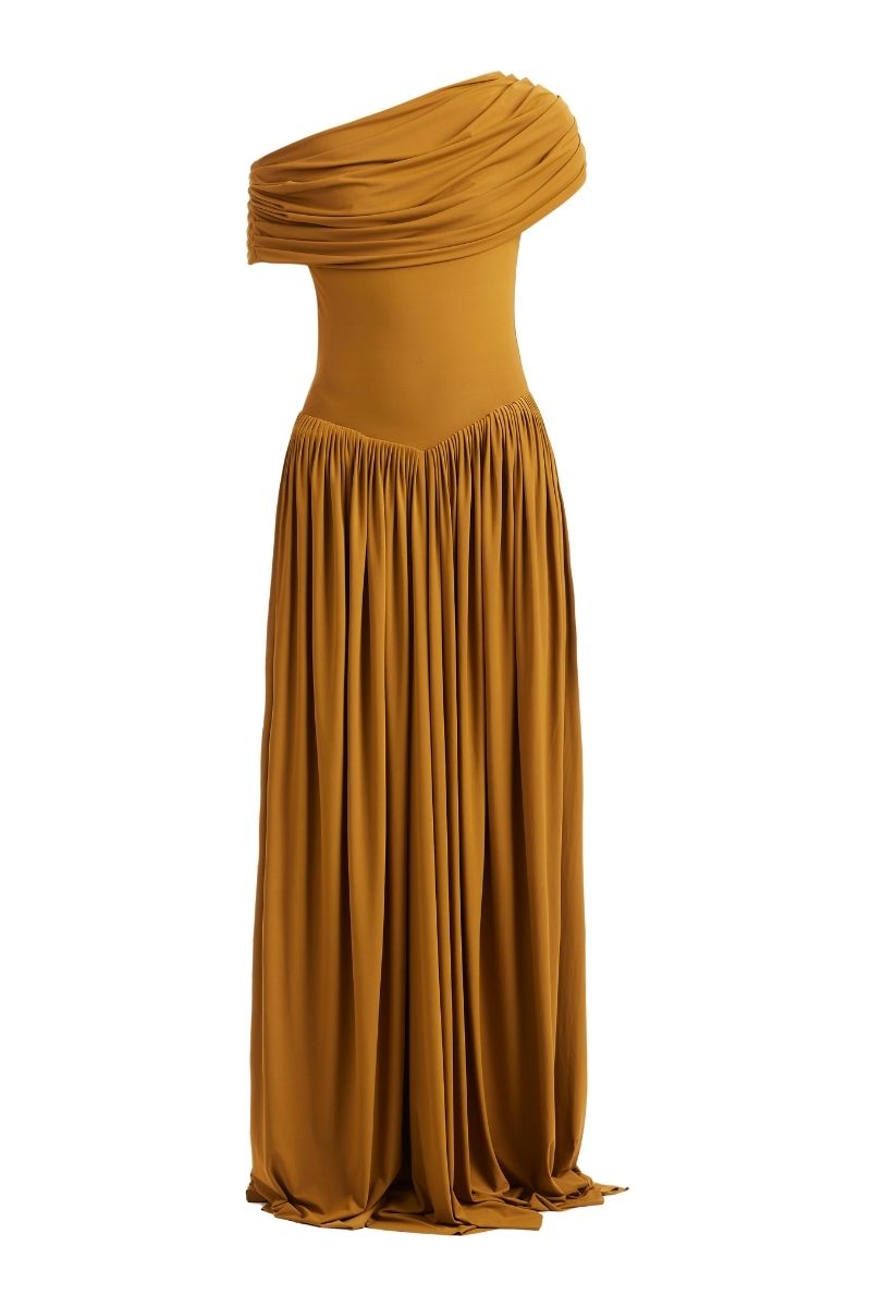 Off-shoulder draped gown with gathered skirt – MARIGOLD