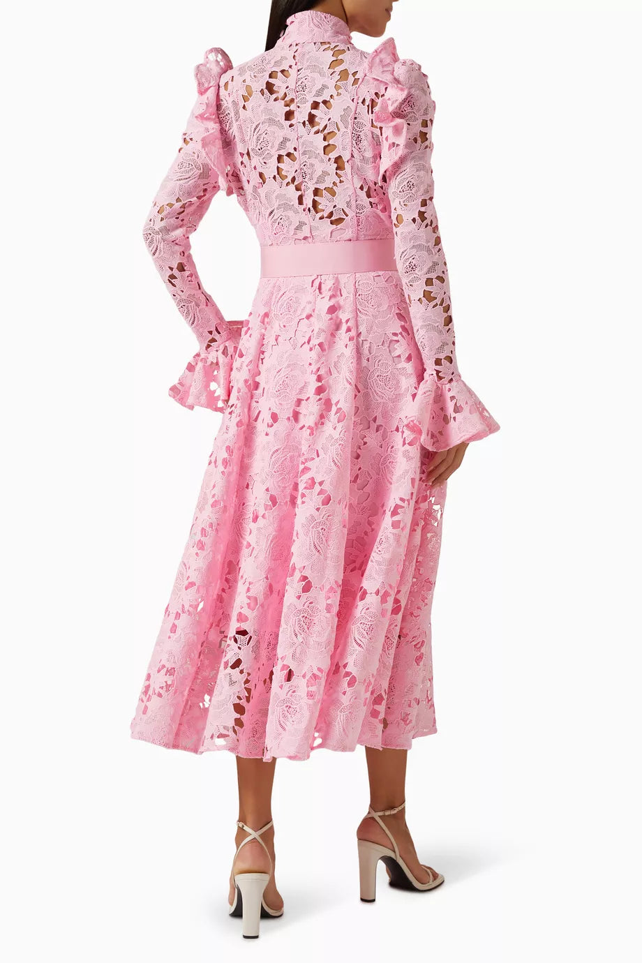 long-sleeve lace midi dress with ruffled shoulders – IVORIE