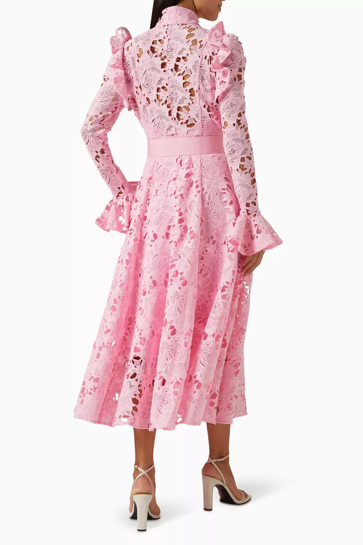 long-sleeve lace midi dress with ruffled shoulders – IVORIE