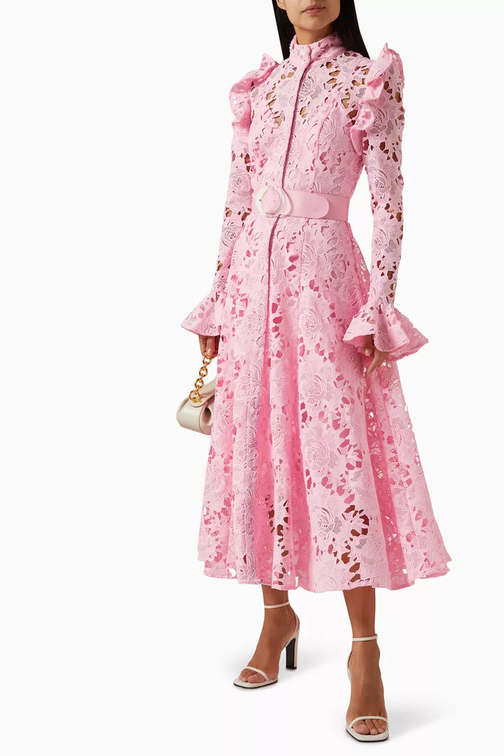 long-sleeve lace midi dress with ruffled shoulders – IVORIE