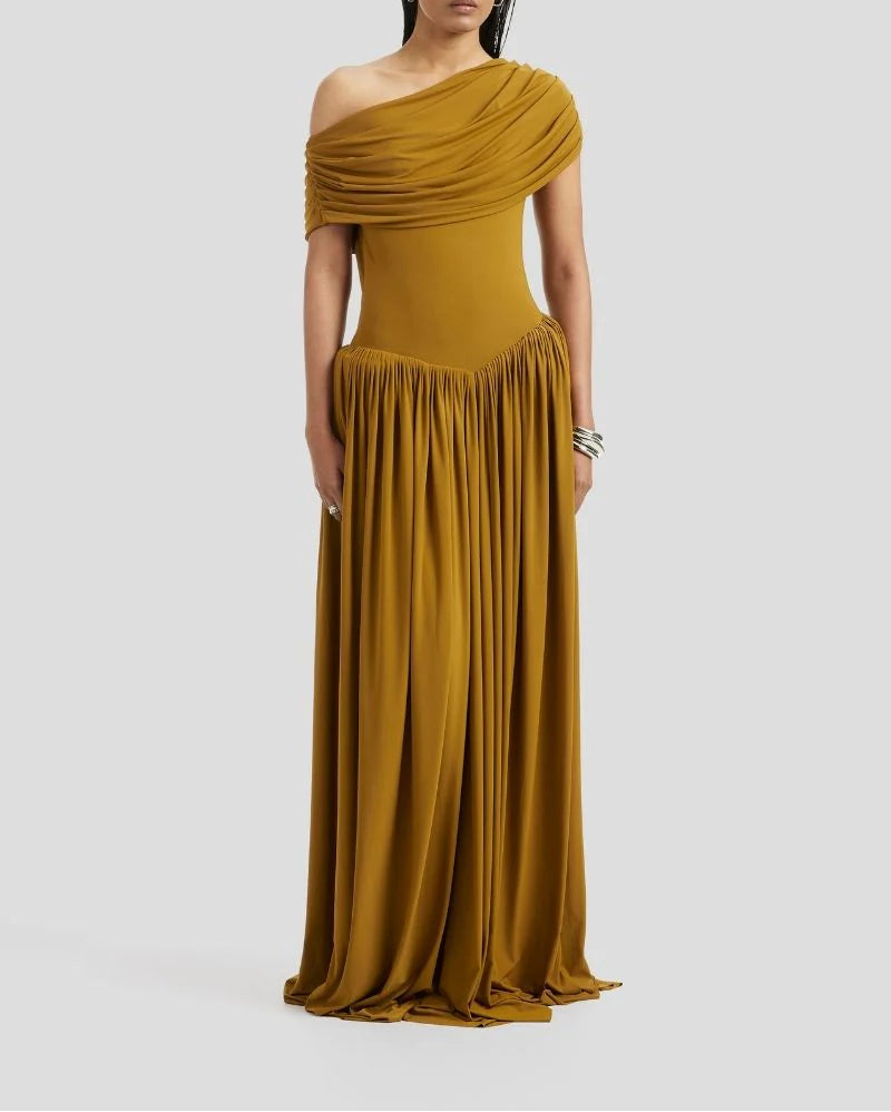 Off-shoulder draped gown with gathered skirt – MARIGOLD