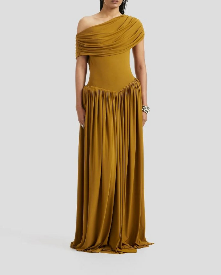 Off-shoulder draped gown with gathered skirt – MARIGOLD