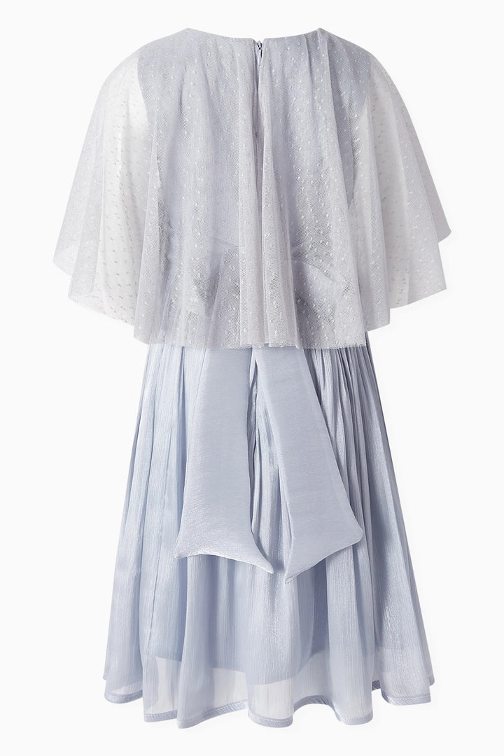 Pleated Chiffon Midi Dress with Cape Overlay & Floral Accent – MINT