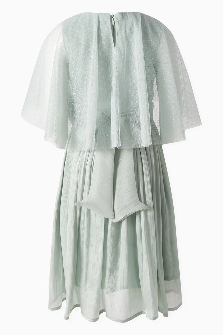 Pleated Chiffon Midi Dress with Cape Overlay & Floral Accent – MINT