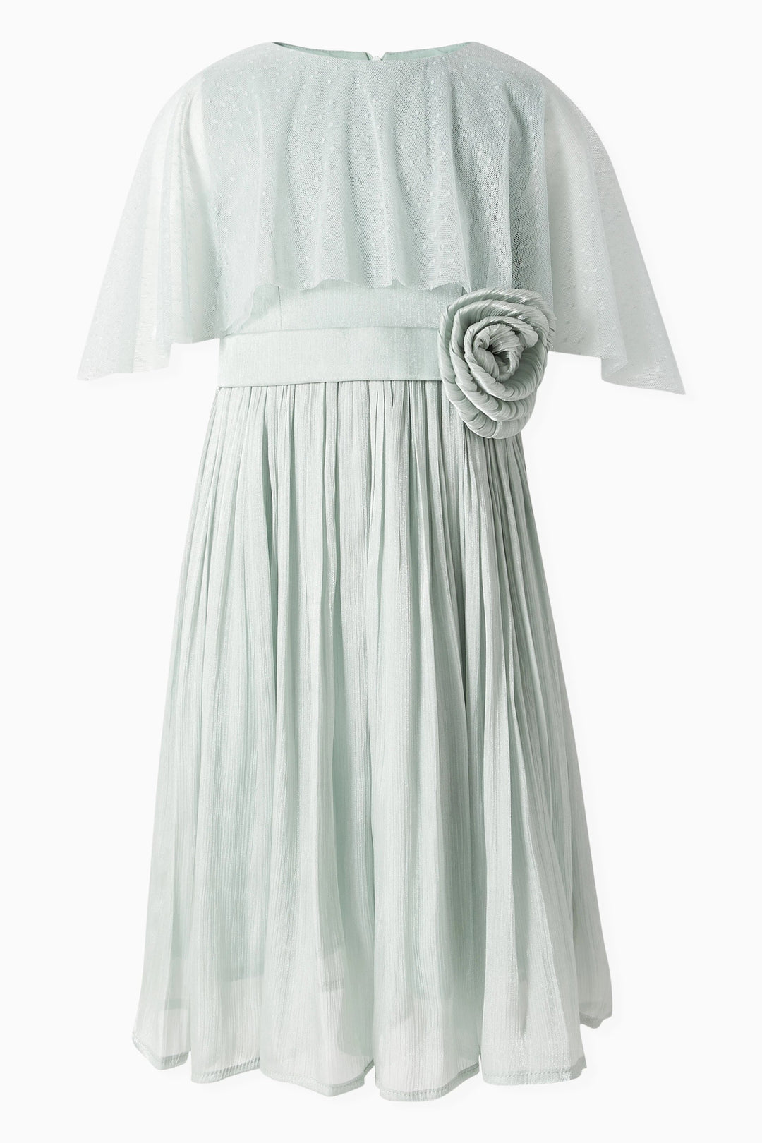 Pleated Chiffon Midi Dress with Cape Overlay & Floral Accent – MINT