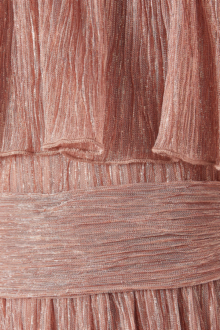 Shimmer Pleated Maxi Dress with Ruffled Overlay & Floral Accent – GLINT