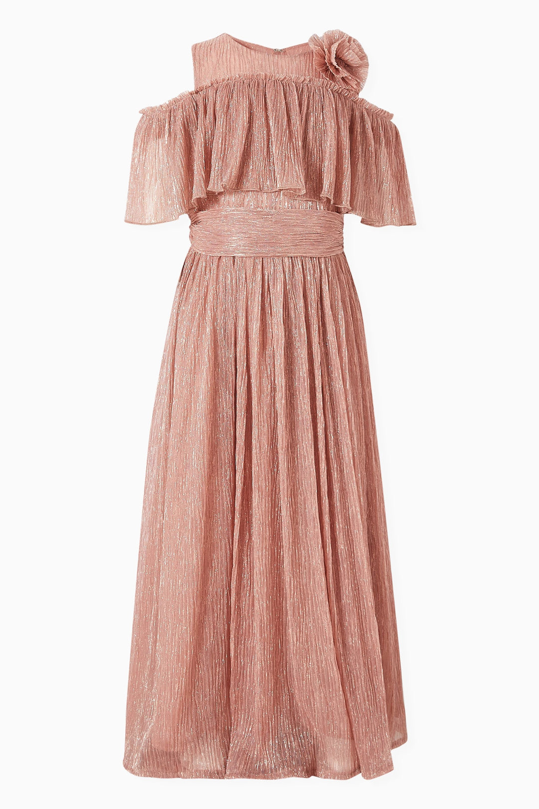 Shimmer Pleated Maxi Dress with Ruffled Overlay & Floral Accent – GLINT