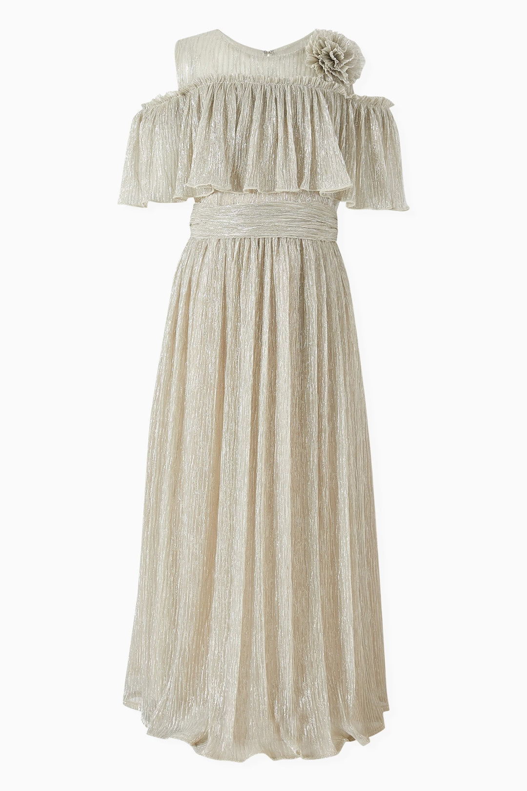 Shimmer Pleated Maxi Dress with Ruffled Overlay & Floral Accent – GLINT