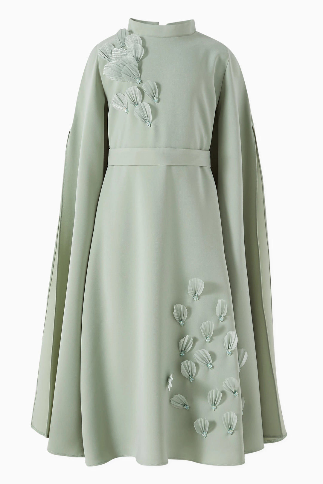 Cape Sleeve Midi Dress with Floral Appliqué – AQUA