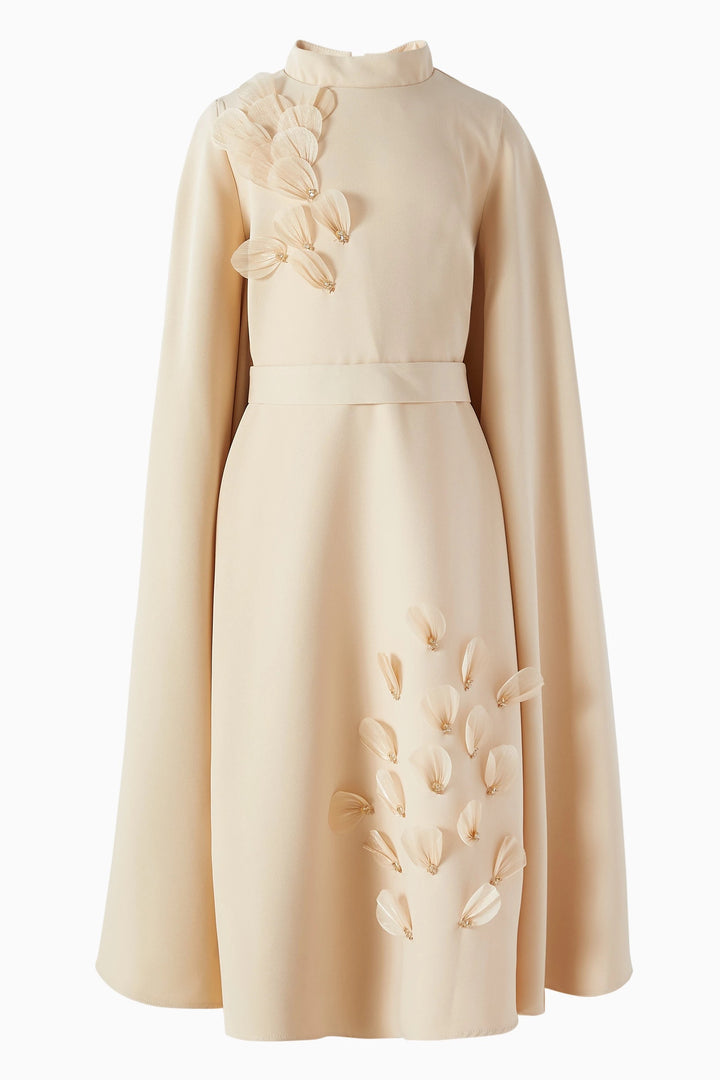 Cape Sleeve Midi Dress with Floral Appliqué – AQUA