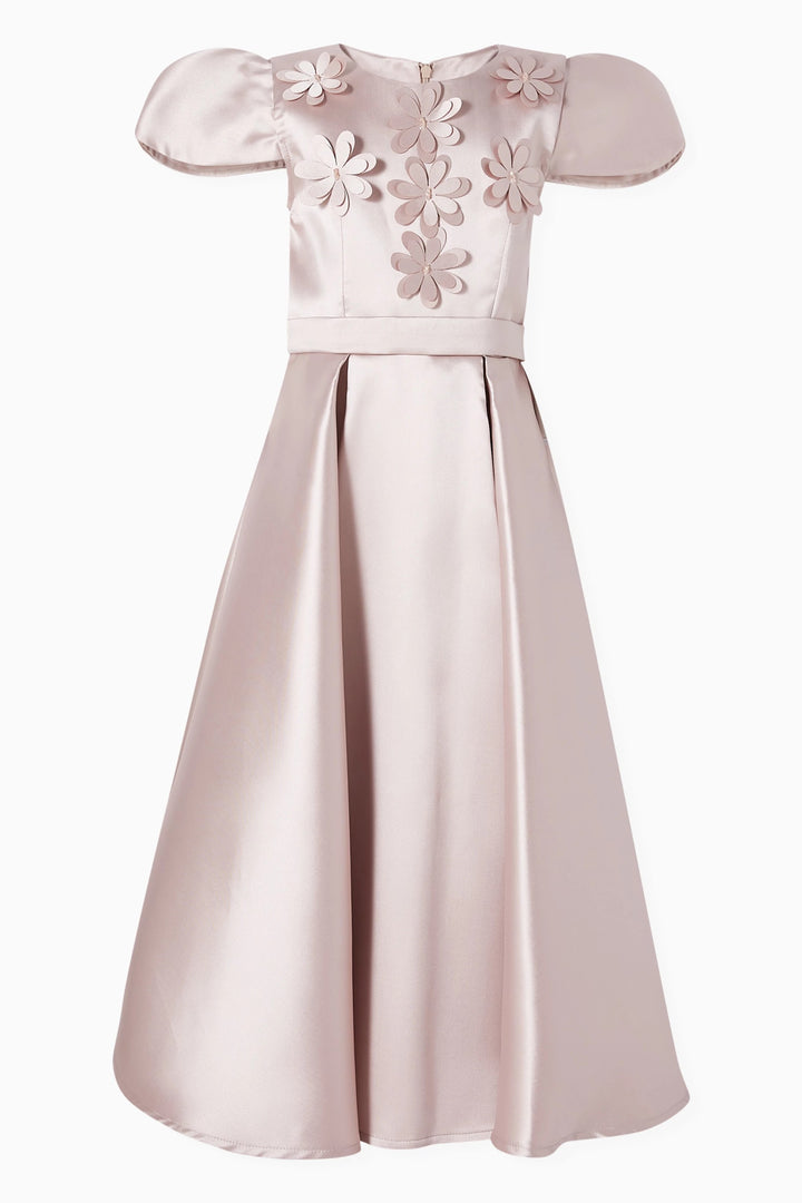 Puff Sleeve Satin Midi Dress with Floral Appliqué – GRACE