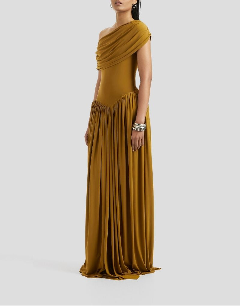 Off-shoulder draped gown with gathered skirt – MARIGOLD