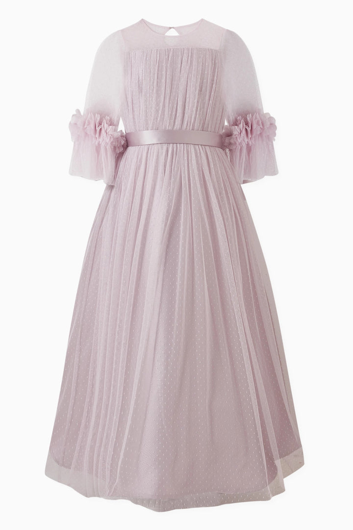 Pleated Tulle Midi Dress with Floral Sleeve Details – PETAL