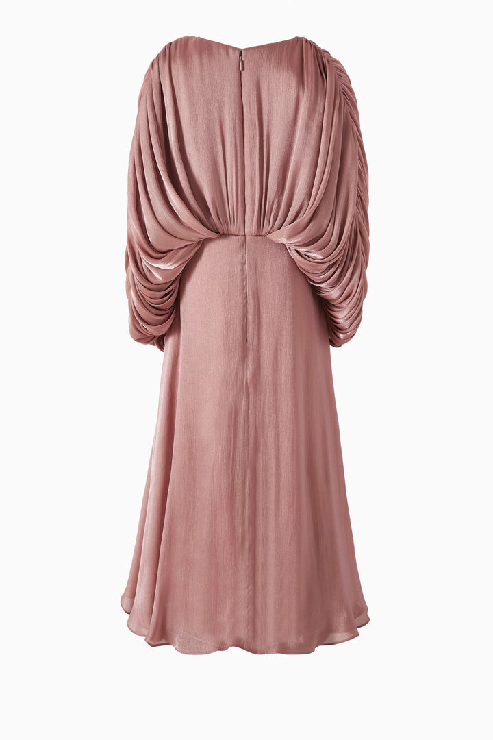 Draped Cape Maxi Dress with Soft Metallic Finish – ROSE