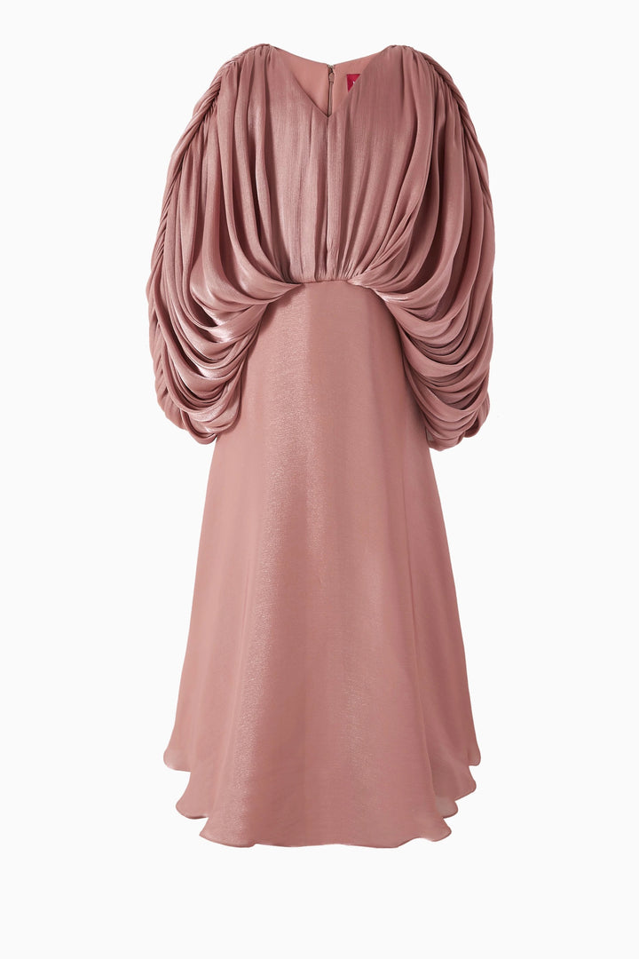 Draped Cape Maxi Dress with Soft Metallic Finish – ROSE