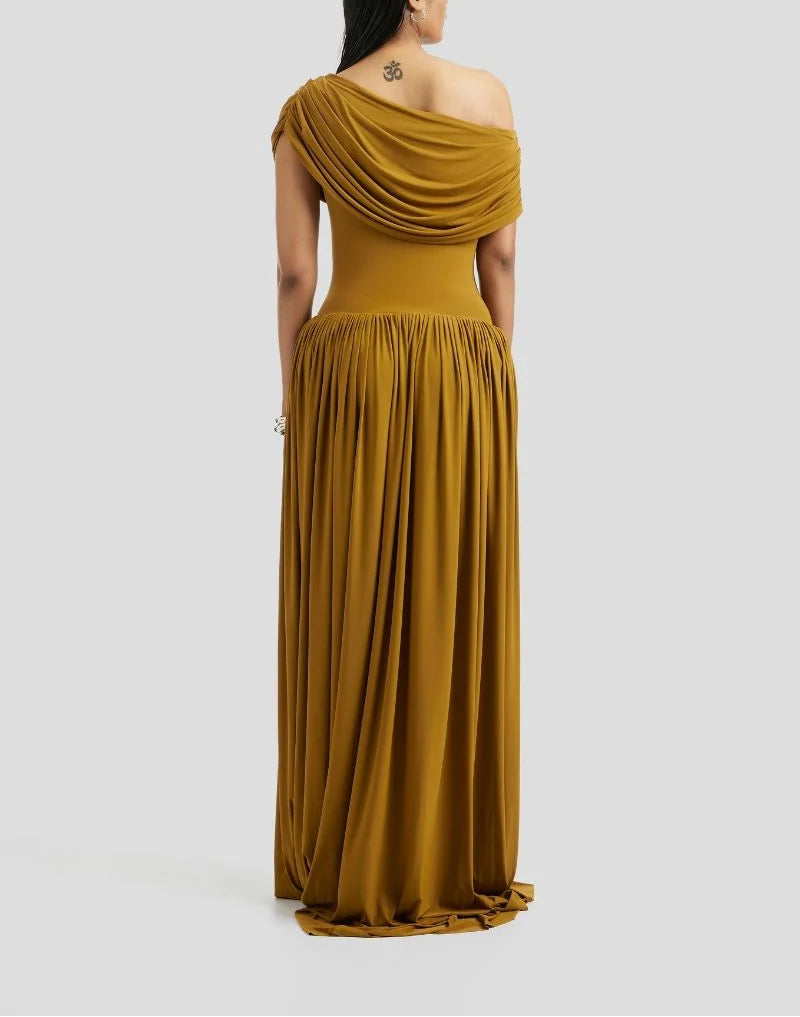 Off-shoulder draped gown with gathered skirt – MARIGOLD