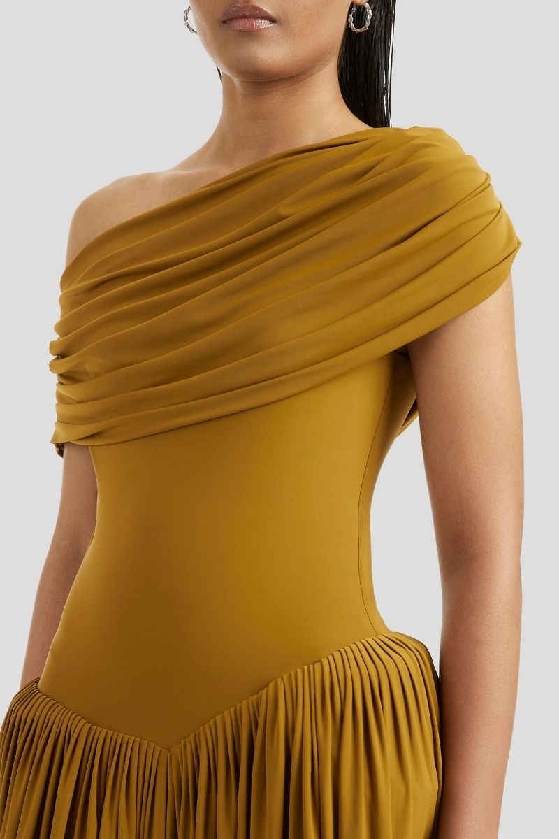 Off-shoulder draped gown with gathered skirt – MARIGOLD