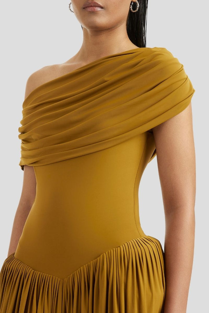 Off-shoulder draped gown with gathered skirt – MARIGOLD
