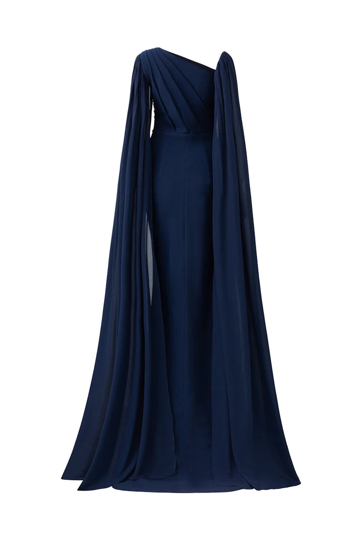 one-shoulder embellished gown with sheer cape – MIDNIGHTE