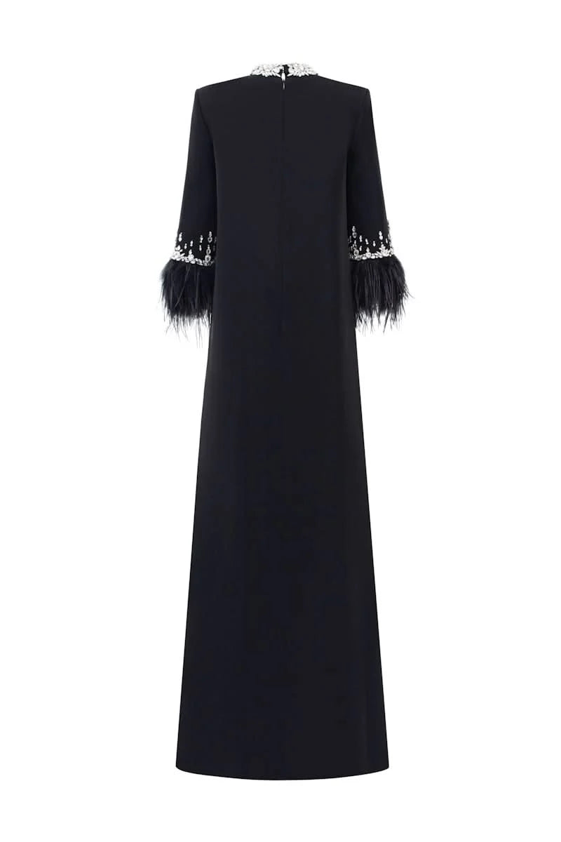 embellished column gown with feather-trimmed sleeves – NOIRÉ