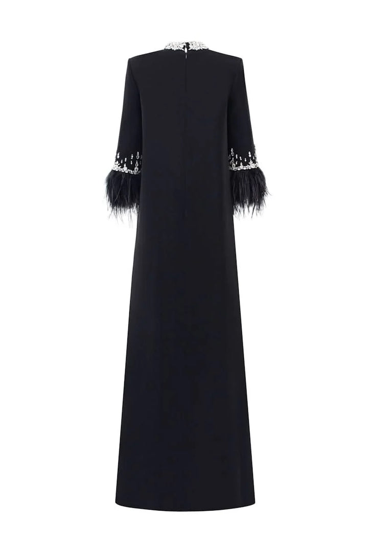 embellished column gown with feather-trimmed sleeves – NOIRÉ