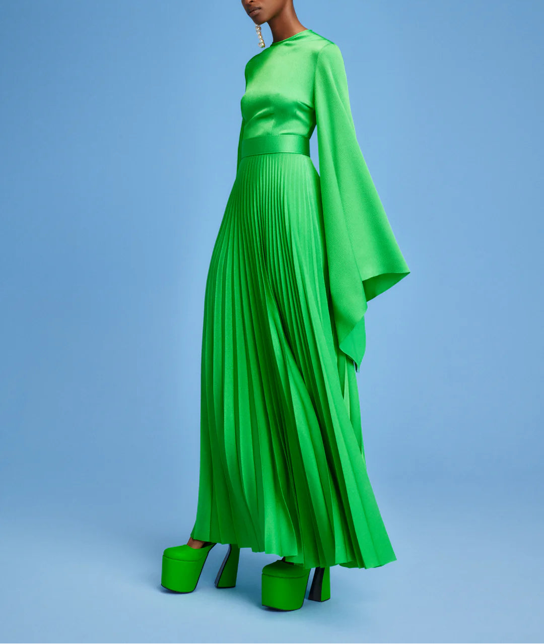 long-sleeve pleated maxi dress with flowing cape sleeves – LYRA