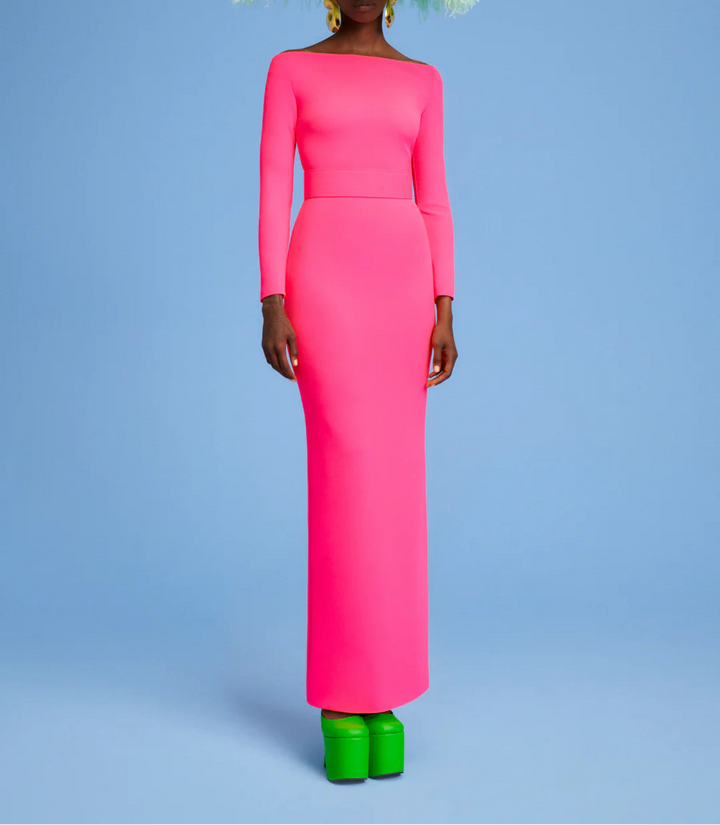 off-shoulder column gown with long sleeves – SABINA