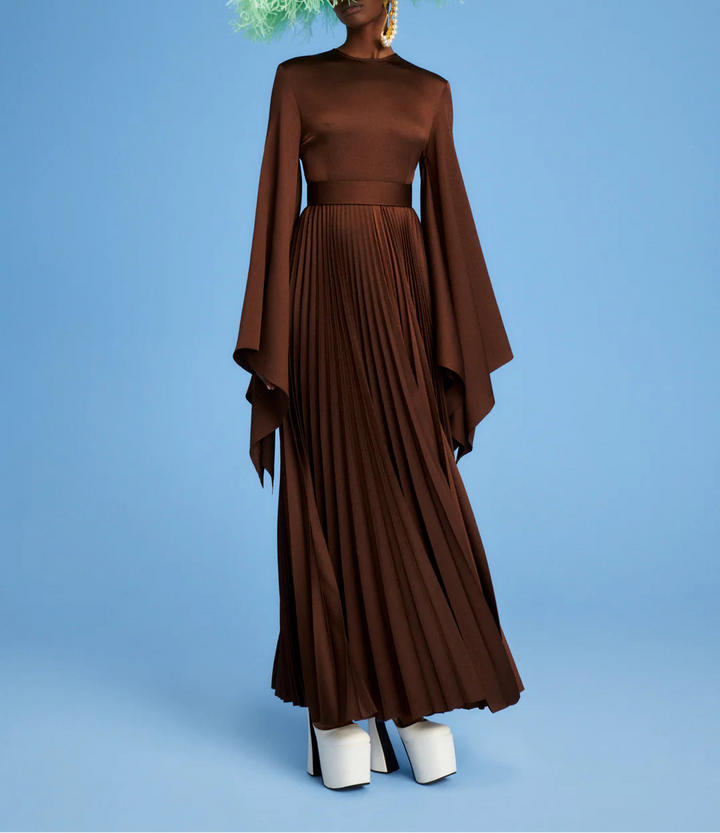 long-sleeve pleated maxi dress with flowing cape sleeves – LYRA