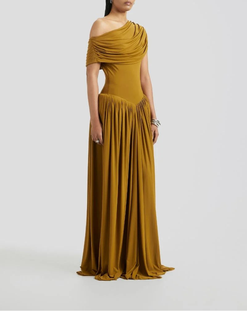 Off-shoulder draped gown with gathered skirt – MARIGOLD