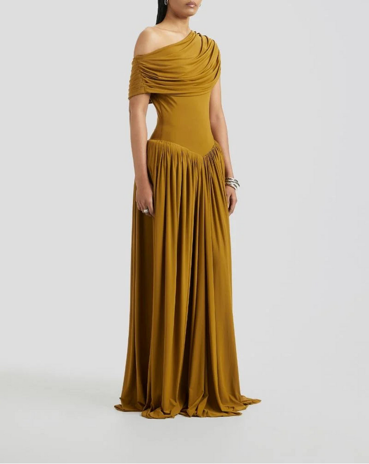 Off-shoulder draped gown with gathered skirt – MARIGOLD
