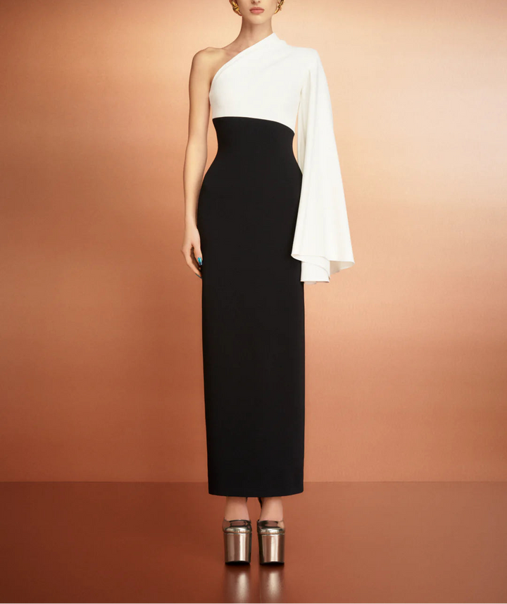 one-shoulder column dress with draped sleeve panel – ELIORA