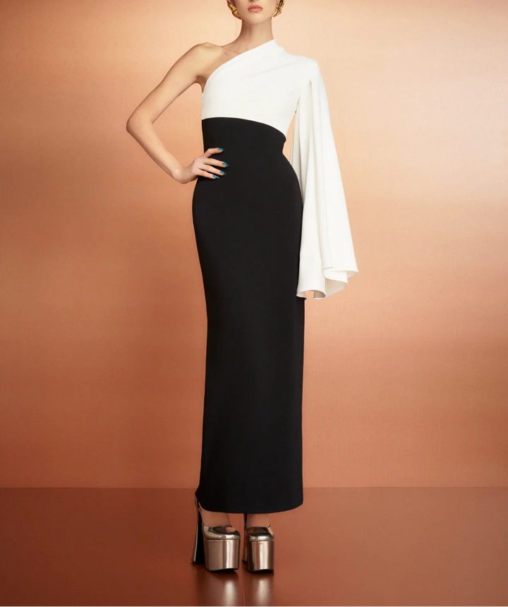 one-shoulder column dress with draped sleeve panel – ELIORA