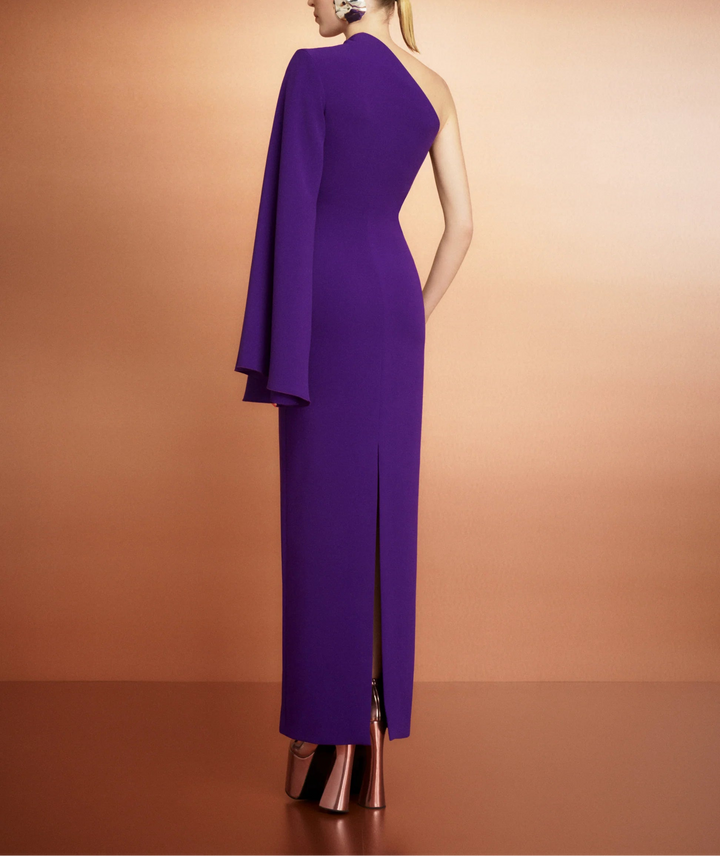 one-shoulder column dress with draped sleeve panel – ELIORA