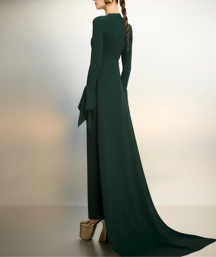 long-sleeve column dress with cascading cuff drape – SERENITY