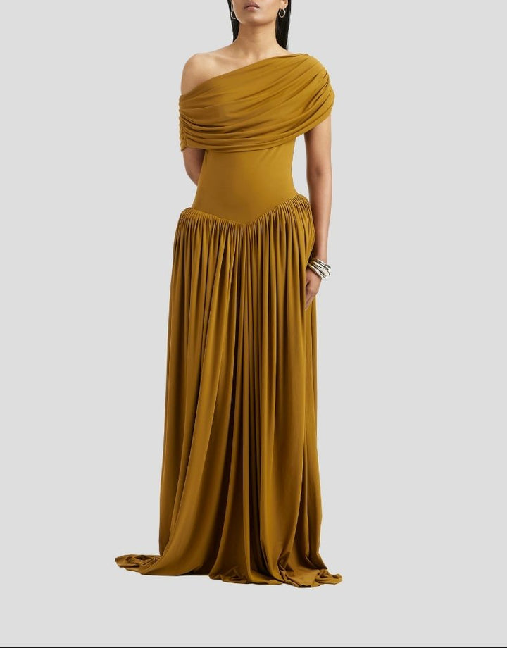 Off-shoulder draped gown with gathered skirt – MARIGOLD