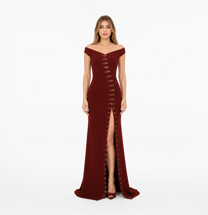 Burgundy Off-Shoulder Buckle Gown – Allure