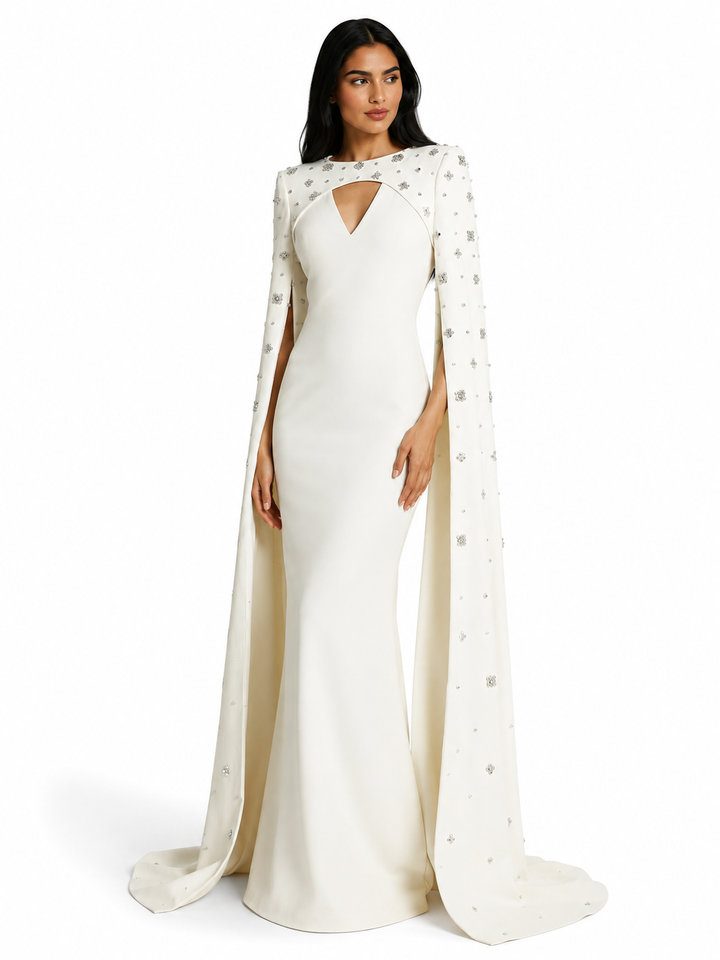 White Crystal-Embellished Cape Gown – Celeste